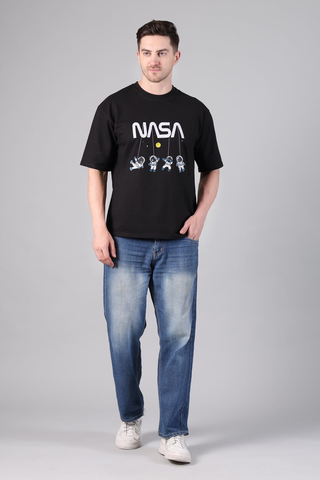Men's Black Loose Fit Tee with NASA Logo and Floating Astronaut Print