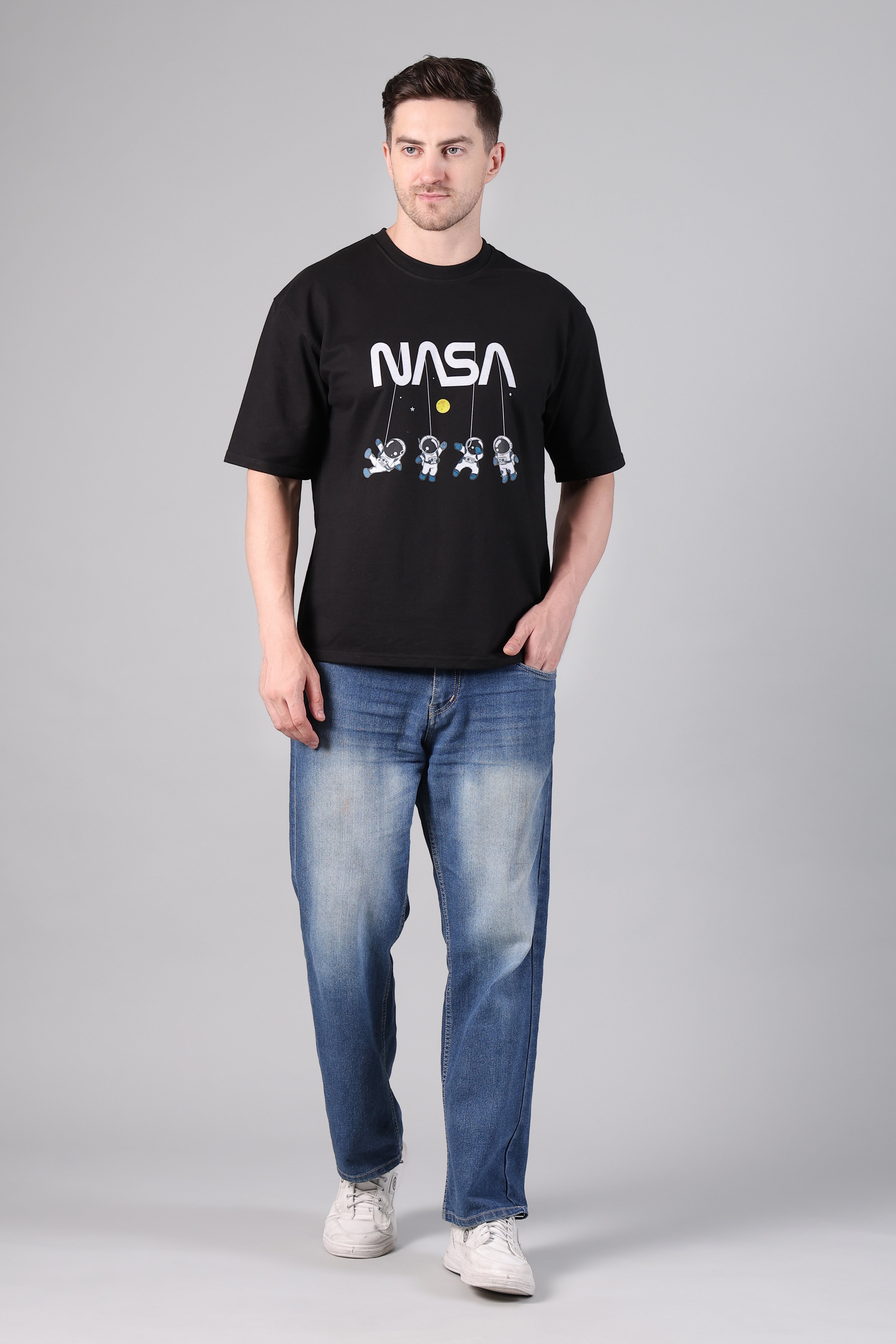 Men's Black Loose Fit Tee with NASA Logo and Floating Astronaut Print