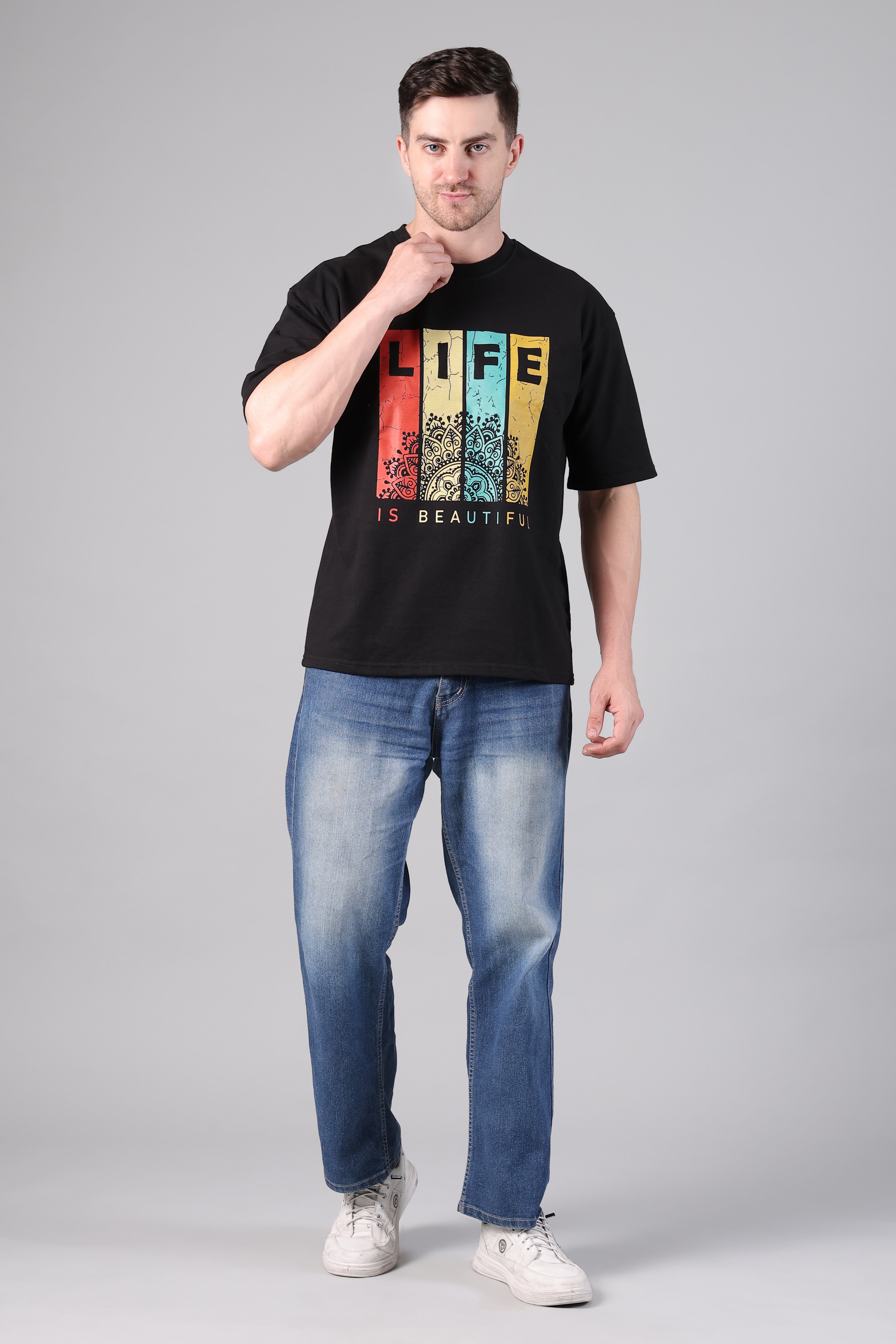 "Life Is Beautiful" Retro Mandala Graphic Oversized T-Shirt - Black