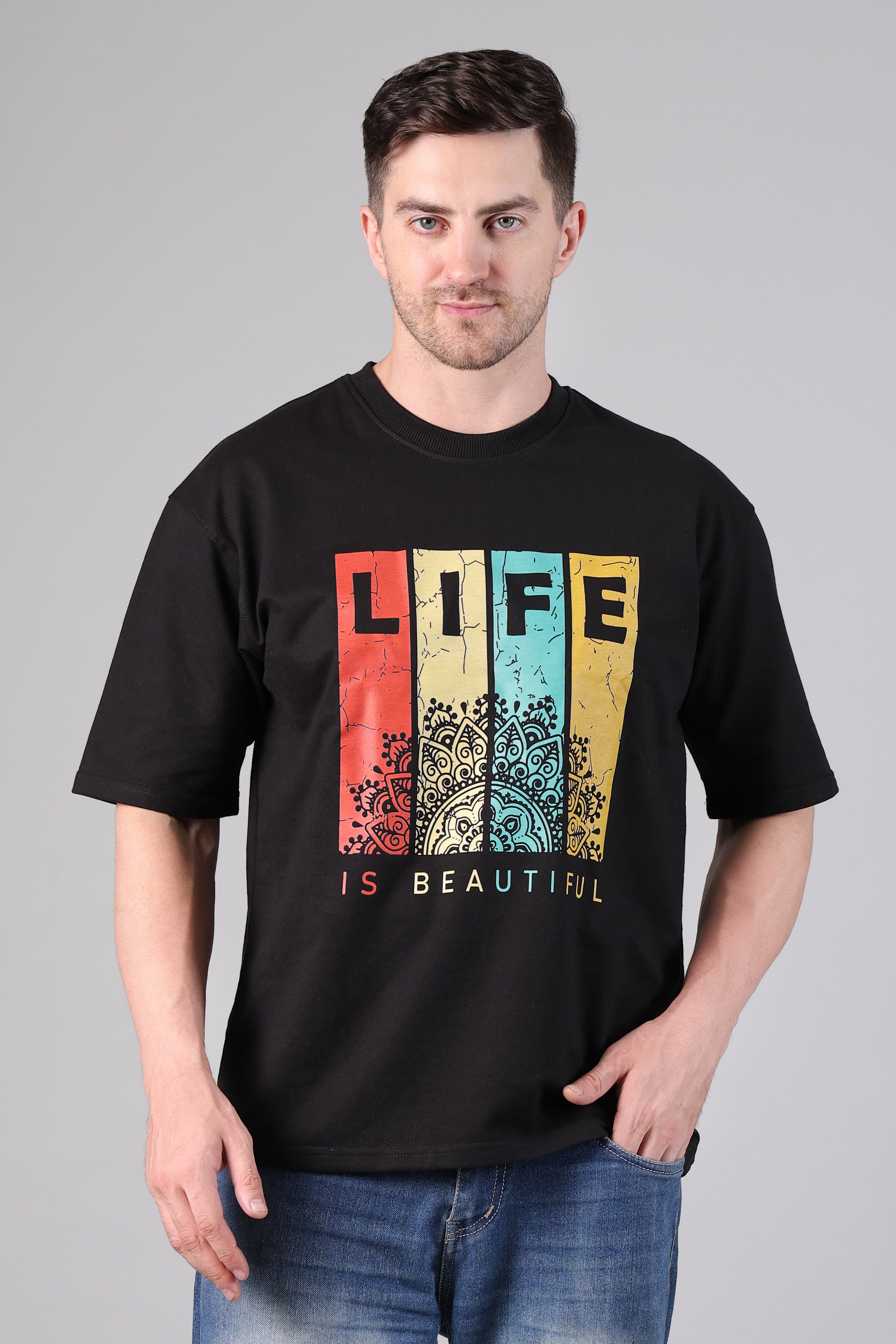 "Life Is Beautiful" Retro Mandala Graphic Oversized T-Shirt - Black