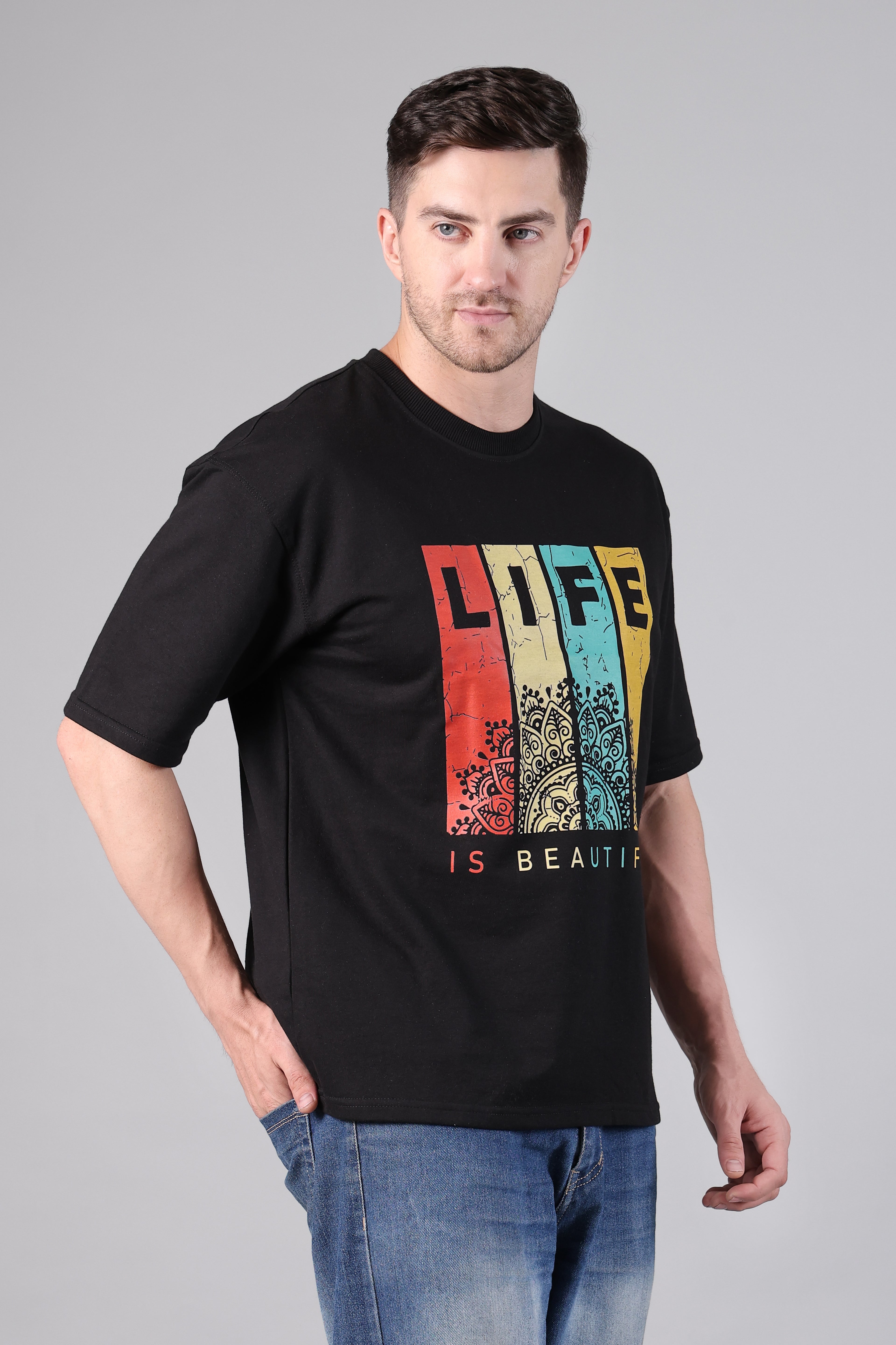 "Life Is Beautiful" Retro Mandala Graphic Oversized T-Shirt - Black