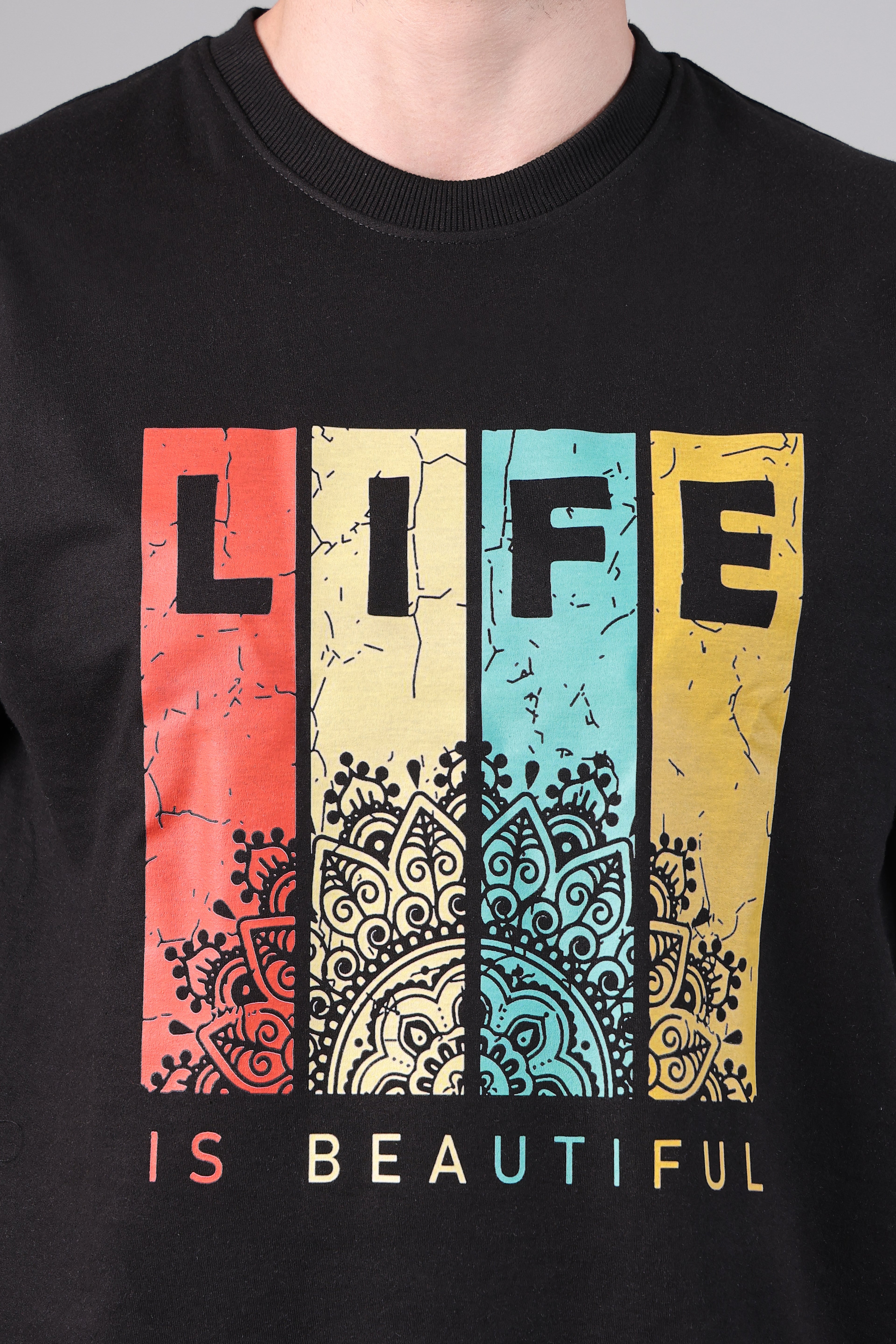 "Life Is Beautiful" Retro Mandala Graphic Oversized T-Shirt - Black