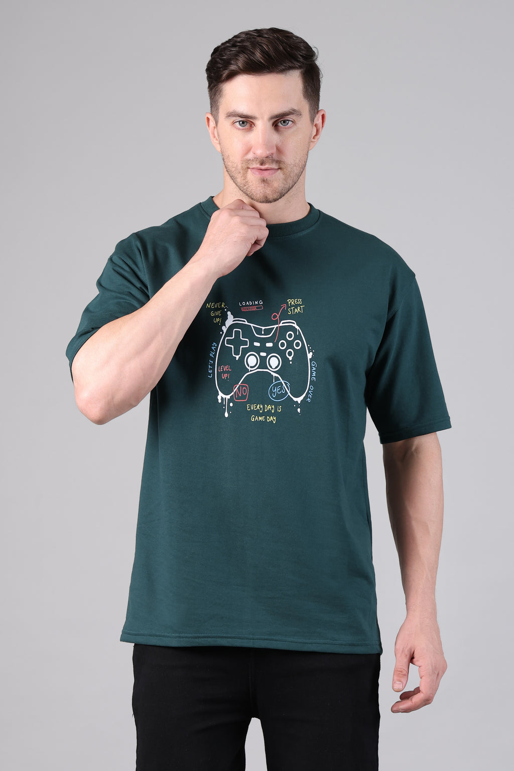 Retro Gamepad Graphic Relaxed Fit T-Shirt (Dark Green)