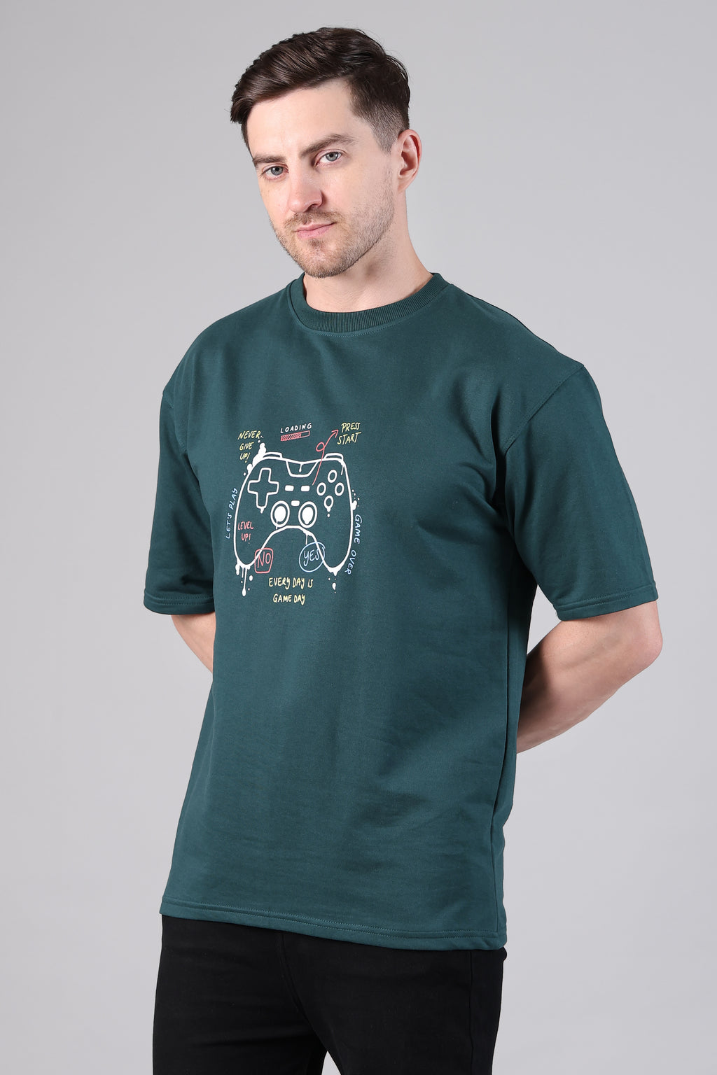 Retro Gamepad Graphic Relaxed Fit T-Shirt (Dark Green)