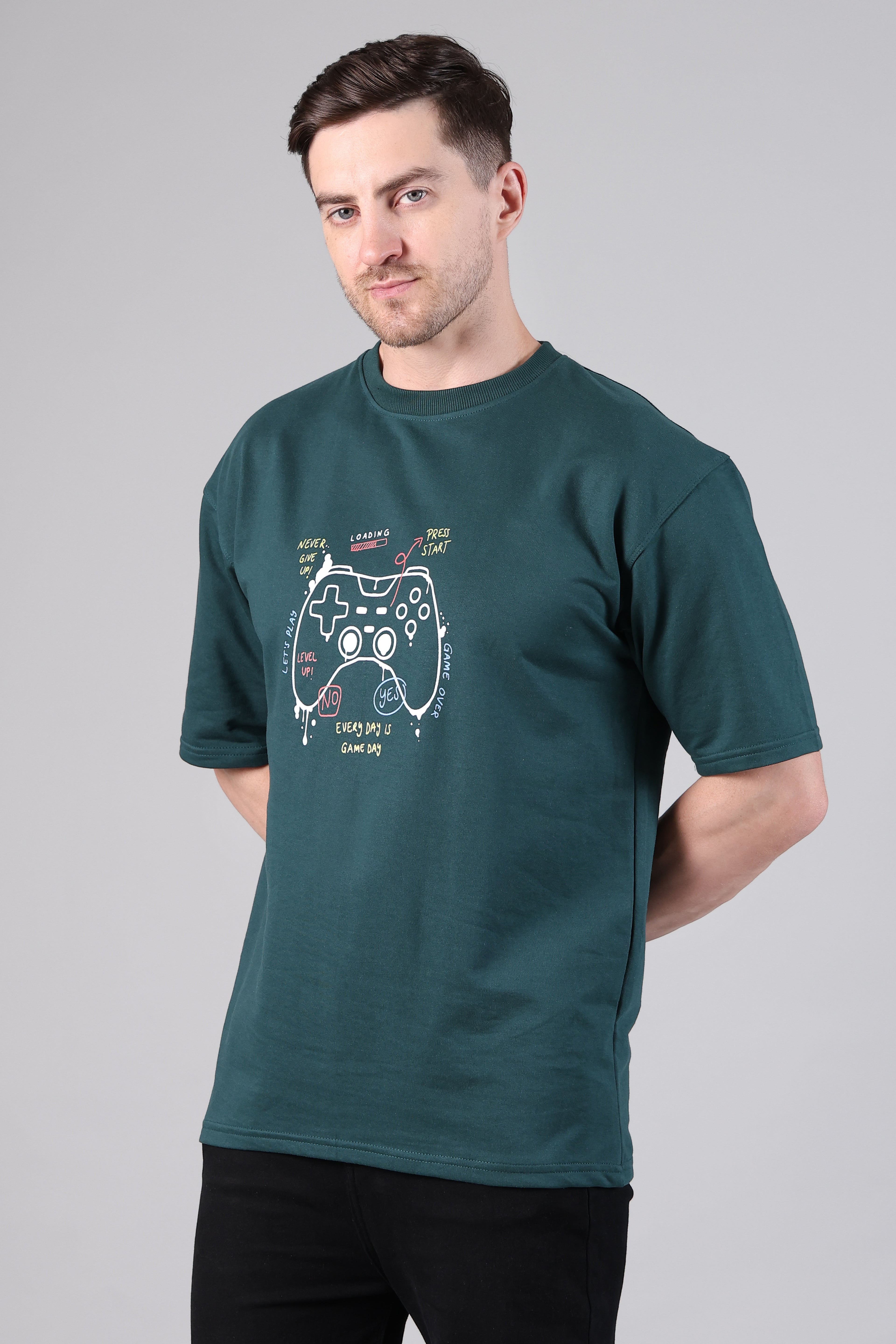 Retro Gamepad Graphic Relaxed Fit T-Shirt (Dark Green)