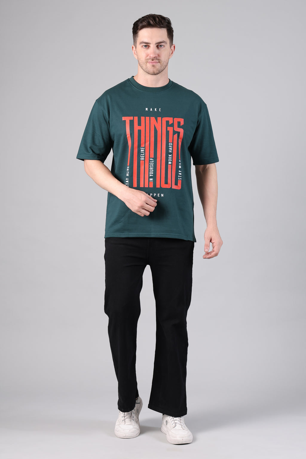Dark Green "Make Things" Graphic Drop-Shoulder T-Shirt