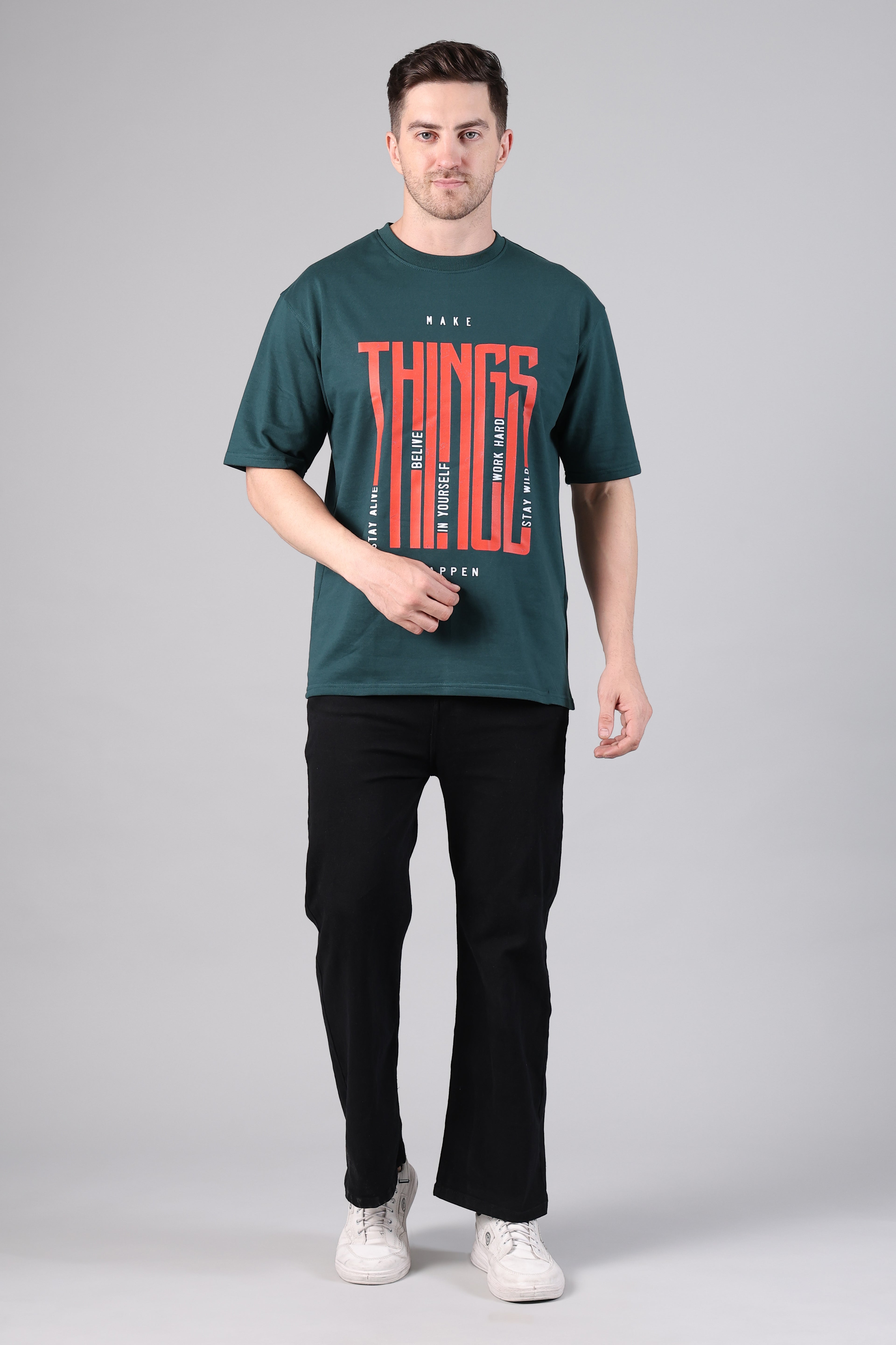 Dark Green "Make Things" Graphic Drop-Shoulder T-Shirt
