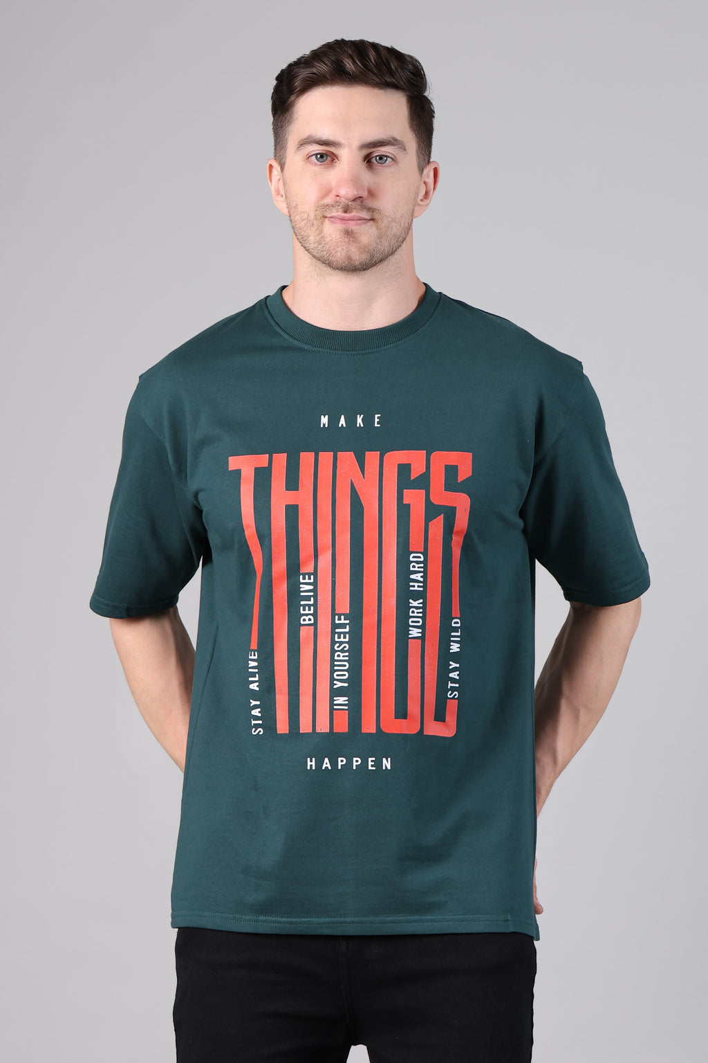 Dark Green "Make Things" Graphic Drop-Shoulder T-Shirt