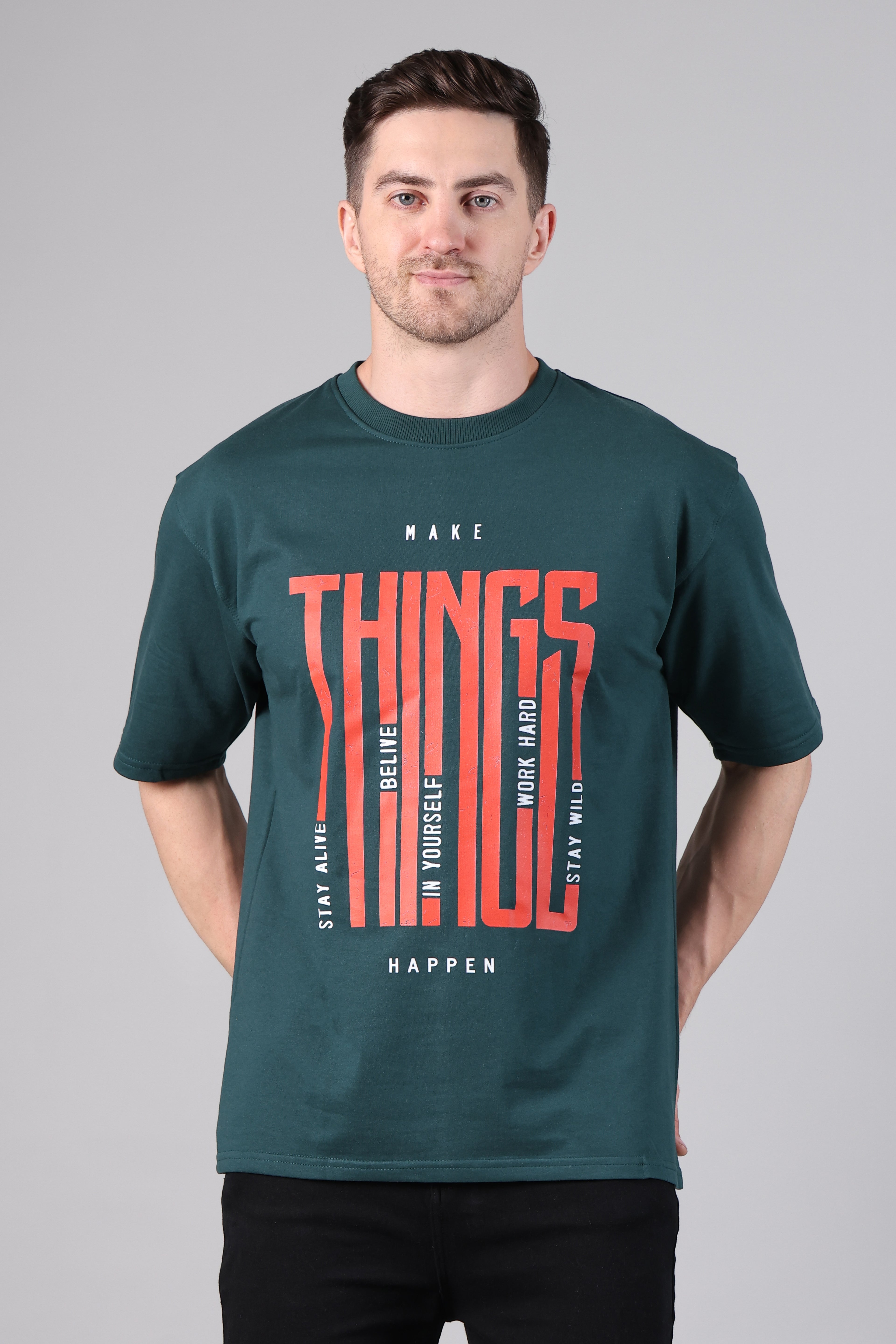 Dark Green "Make Things" Graphic Drop-Shoulder T-Shirt