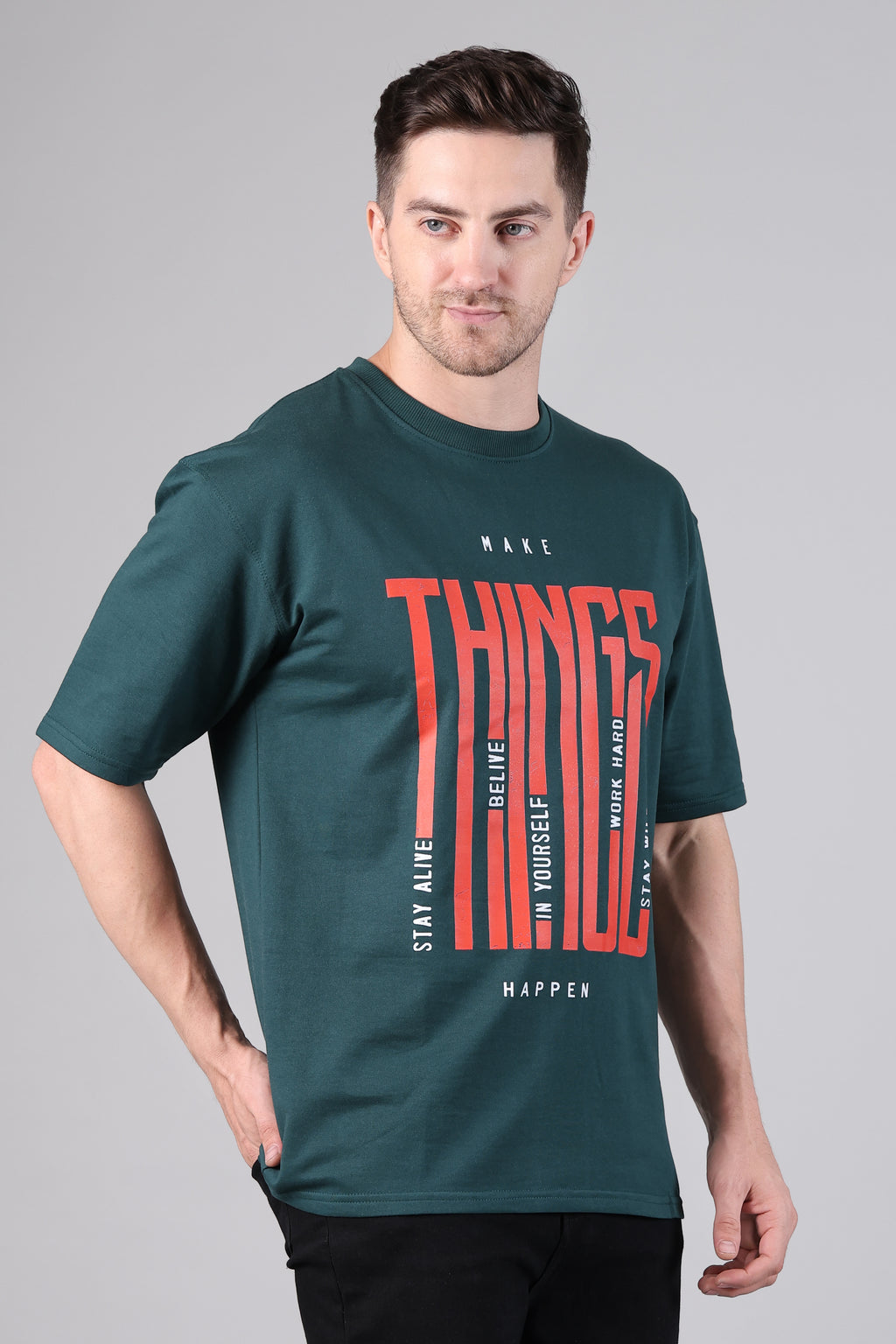 Dark Green "Make Things" Graphic Drop-Shoulder T-Shirt