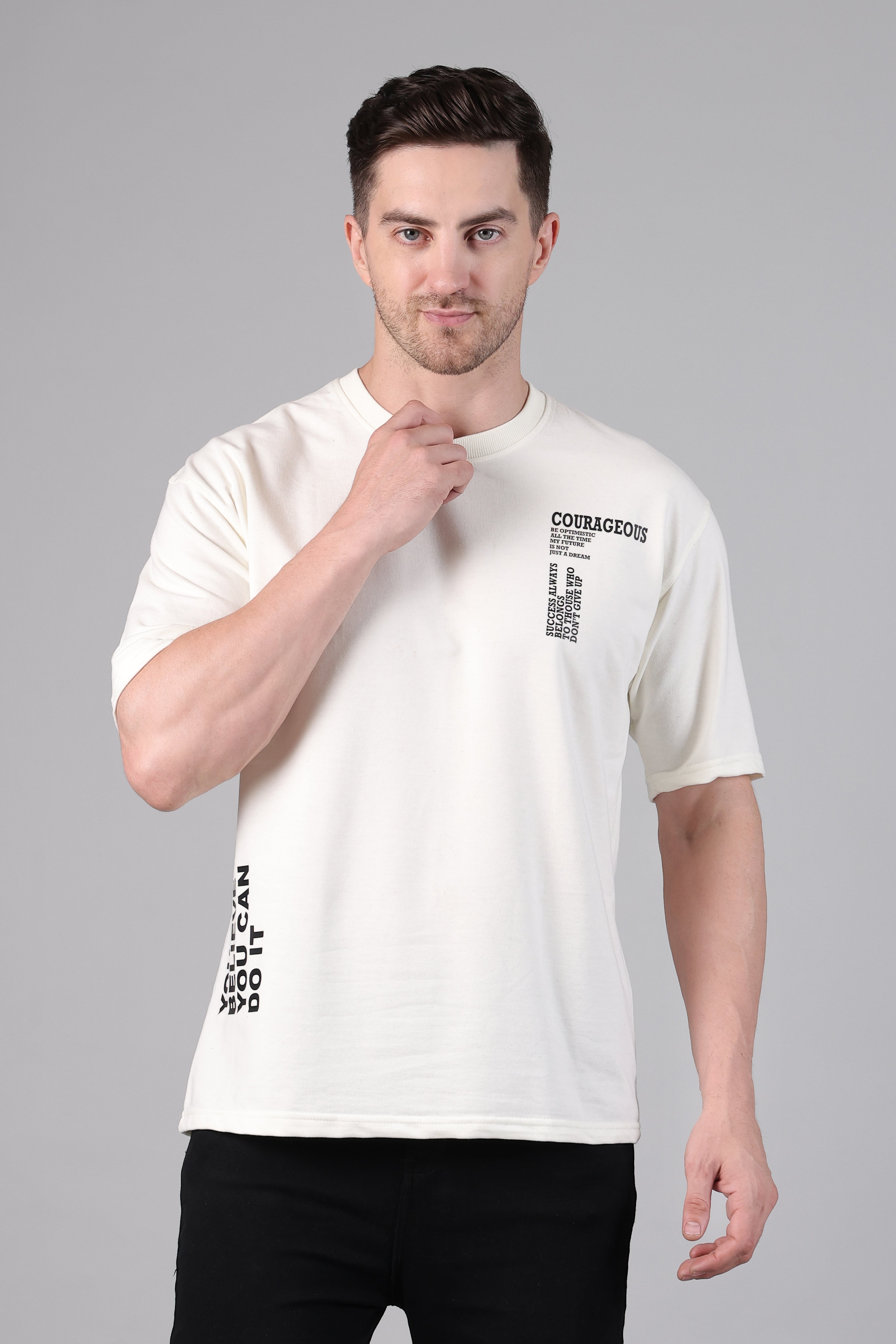 "Courageous" Graphic Drop-Shoulder Minimalist T-Shirt (Off-White)