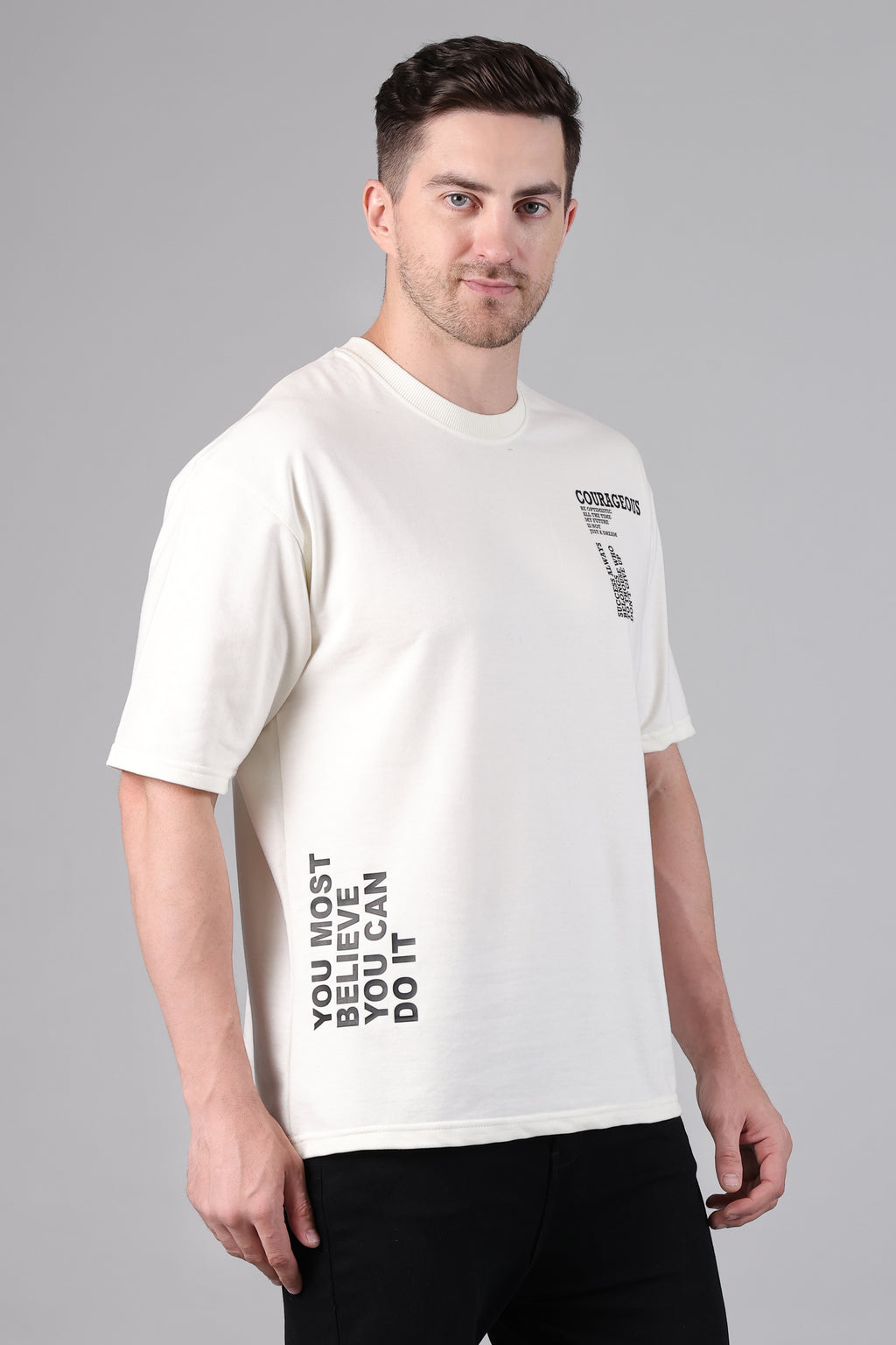 "Courageous" Graphic Drop-Shoulder Minimalist T-Shirt (Off-White)