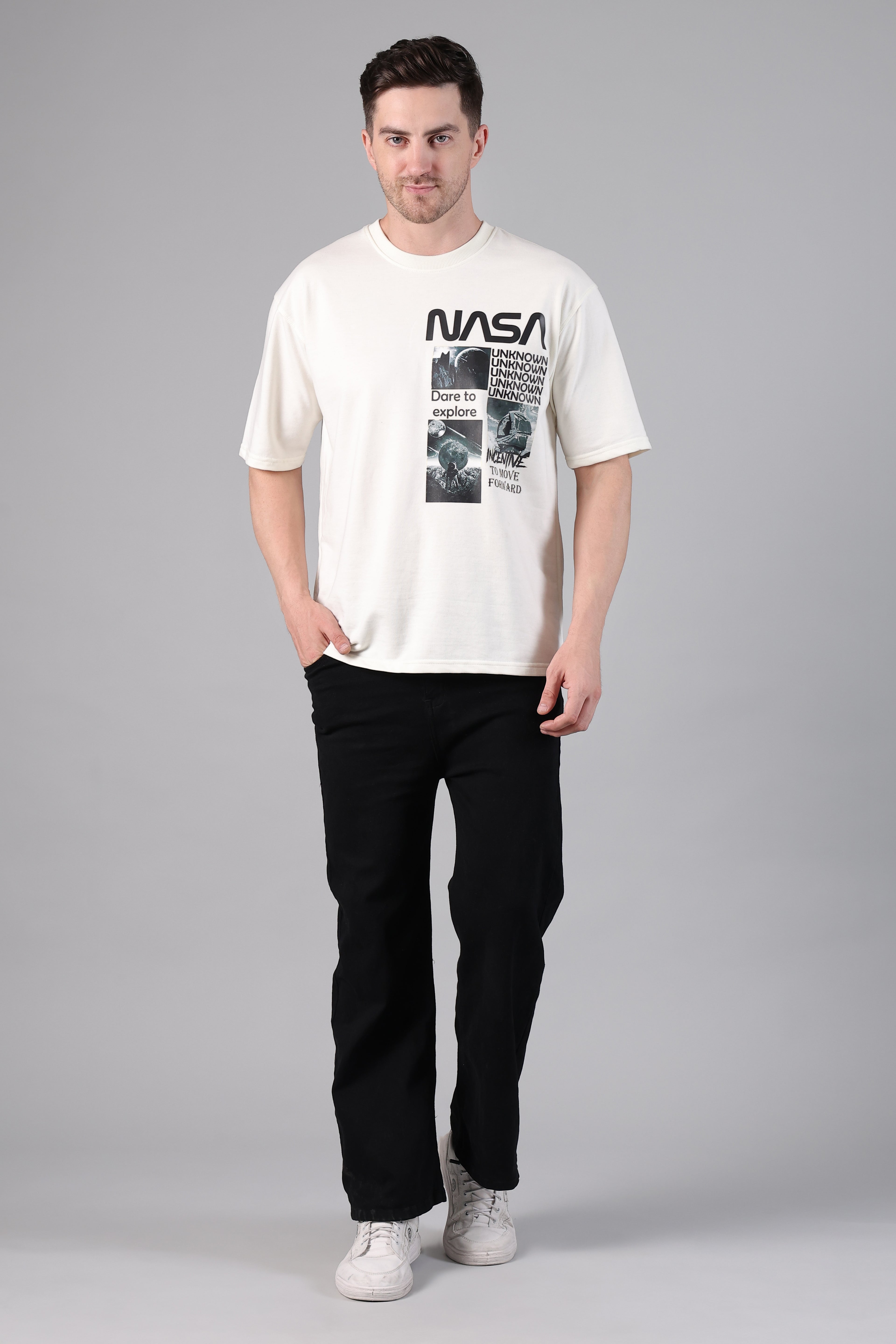 "Dare to Explore" NASA Drop-Shoulder Aesthetic T-Shirt (Off-White)