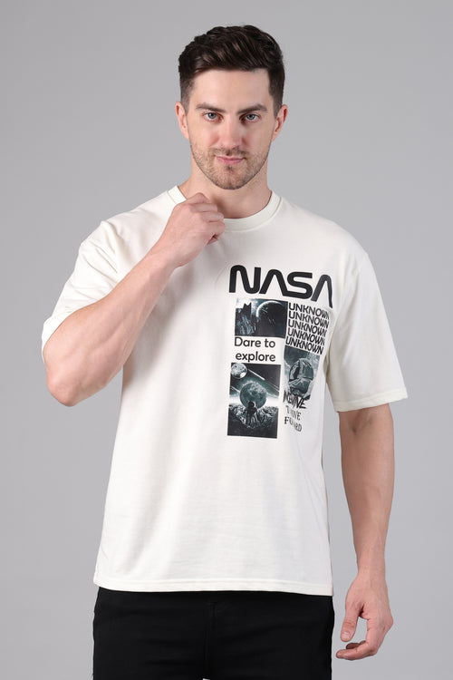 "Dare to Explore" NASA Drop-Shoulder Aesthetic T-Shirt (Off-White)