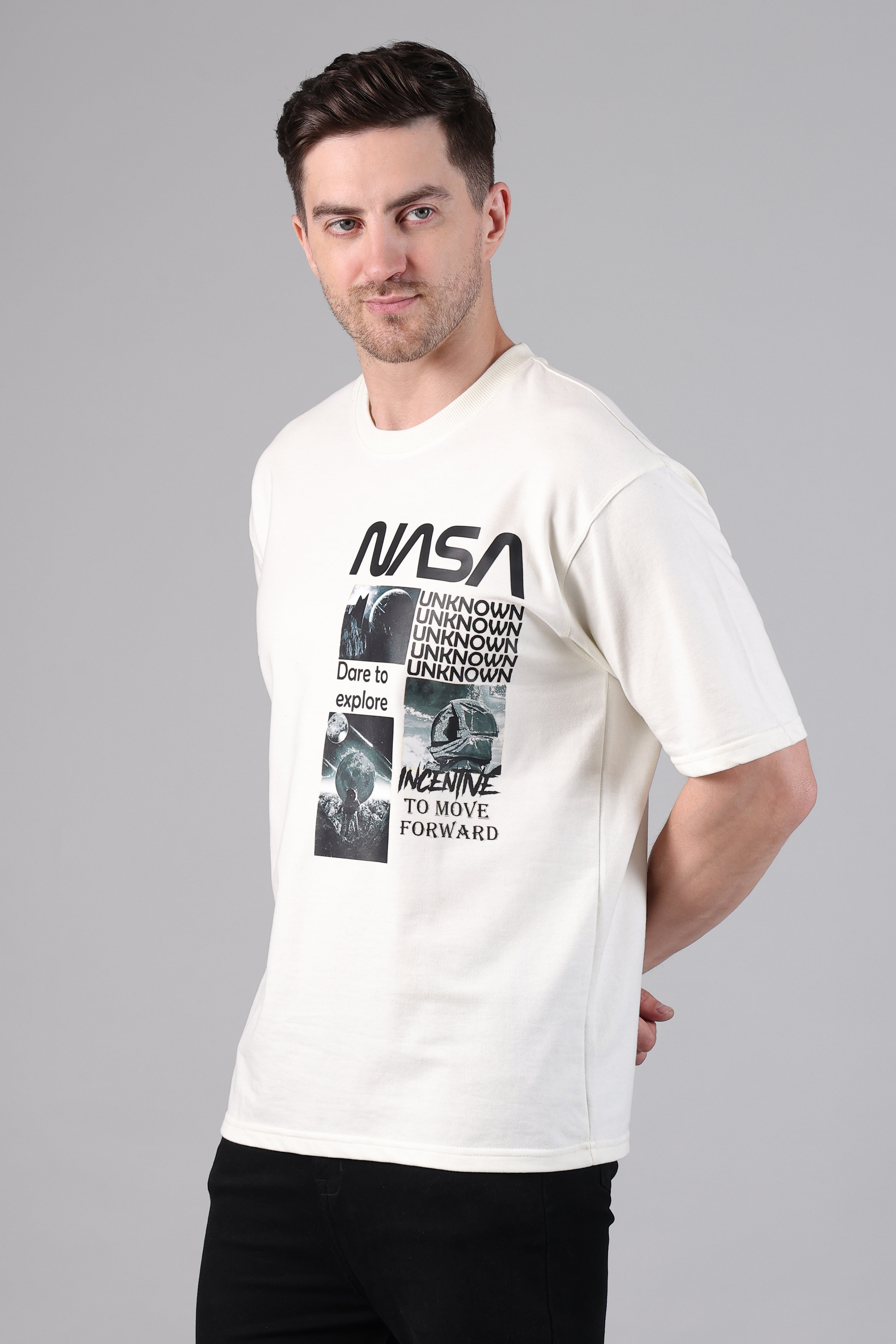 "Dare to Explore" NASA Drop-Shoulder Aesthetic T-Shirt (Off-White)