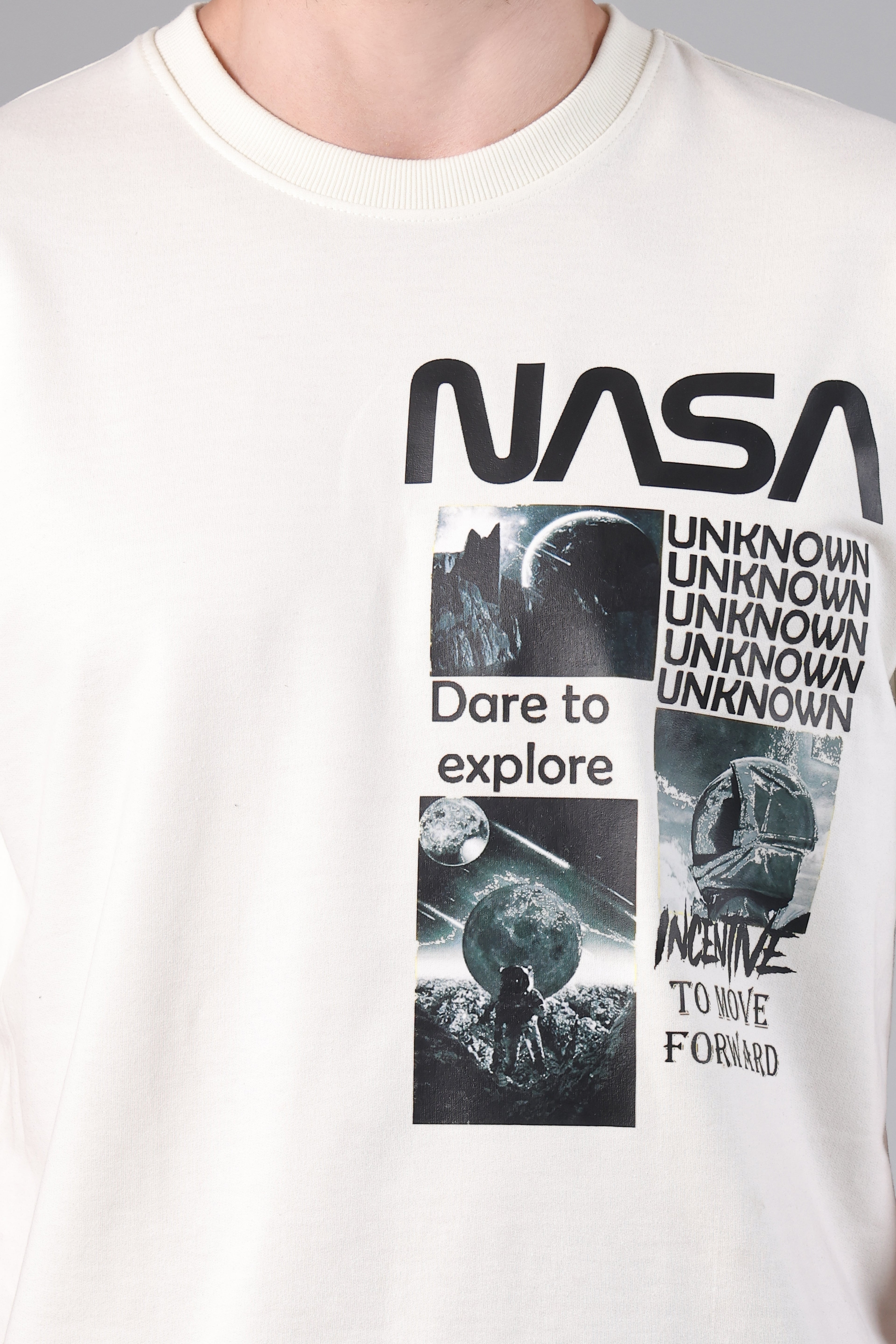 "Dare to Explore" NASA Drop-Shoulder Aesthetic T-Shirt (Off-White)