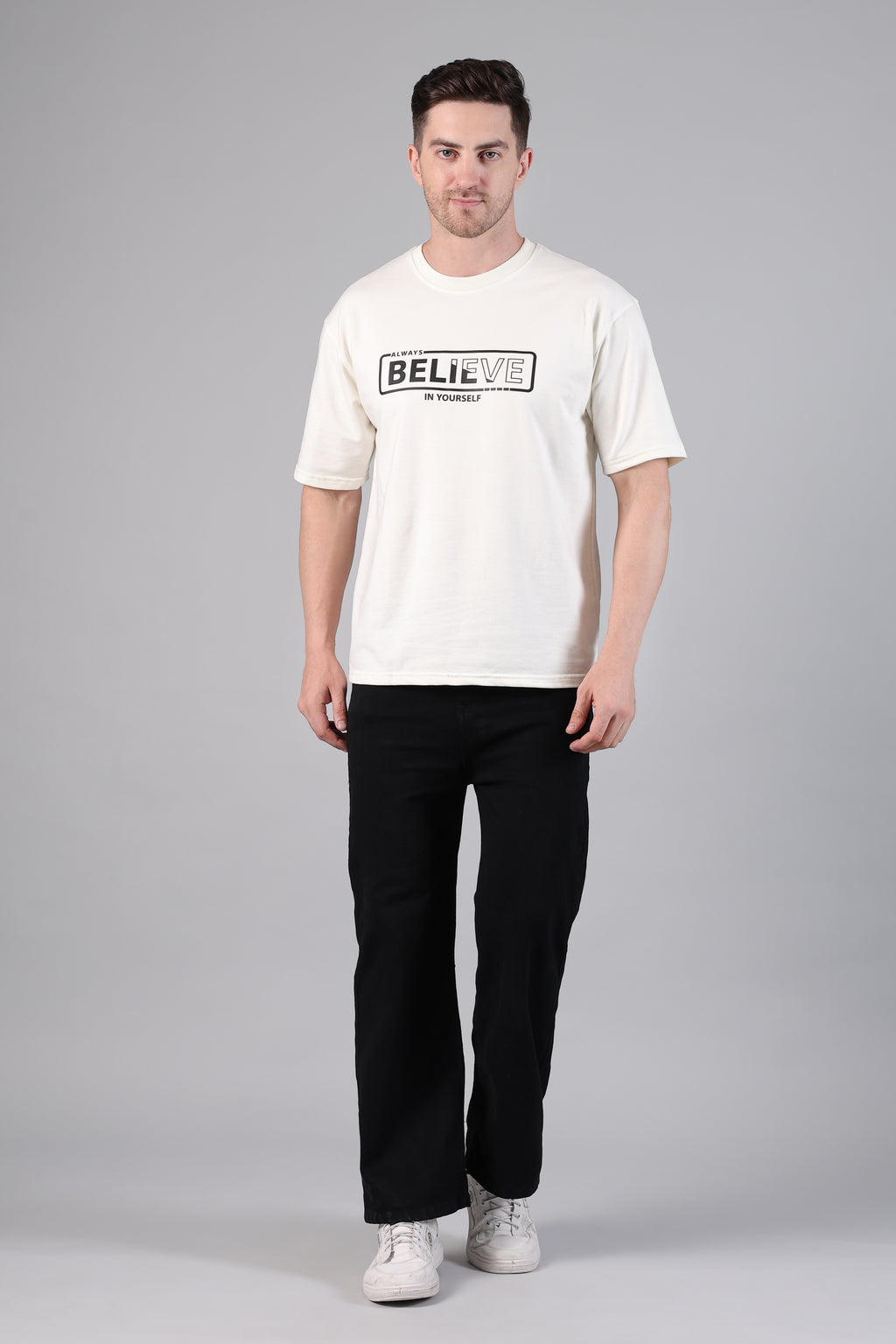 "Believe" Graphic Drop-Shoulder Aesthetic T-Shirt (Off-White)