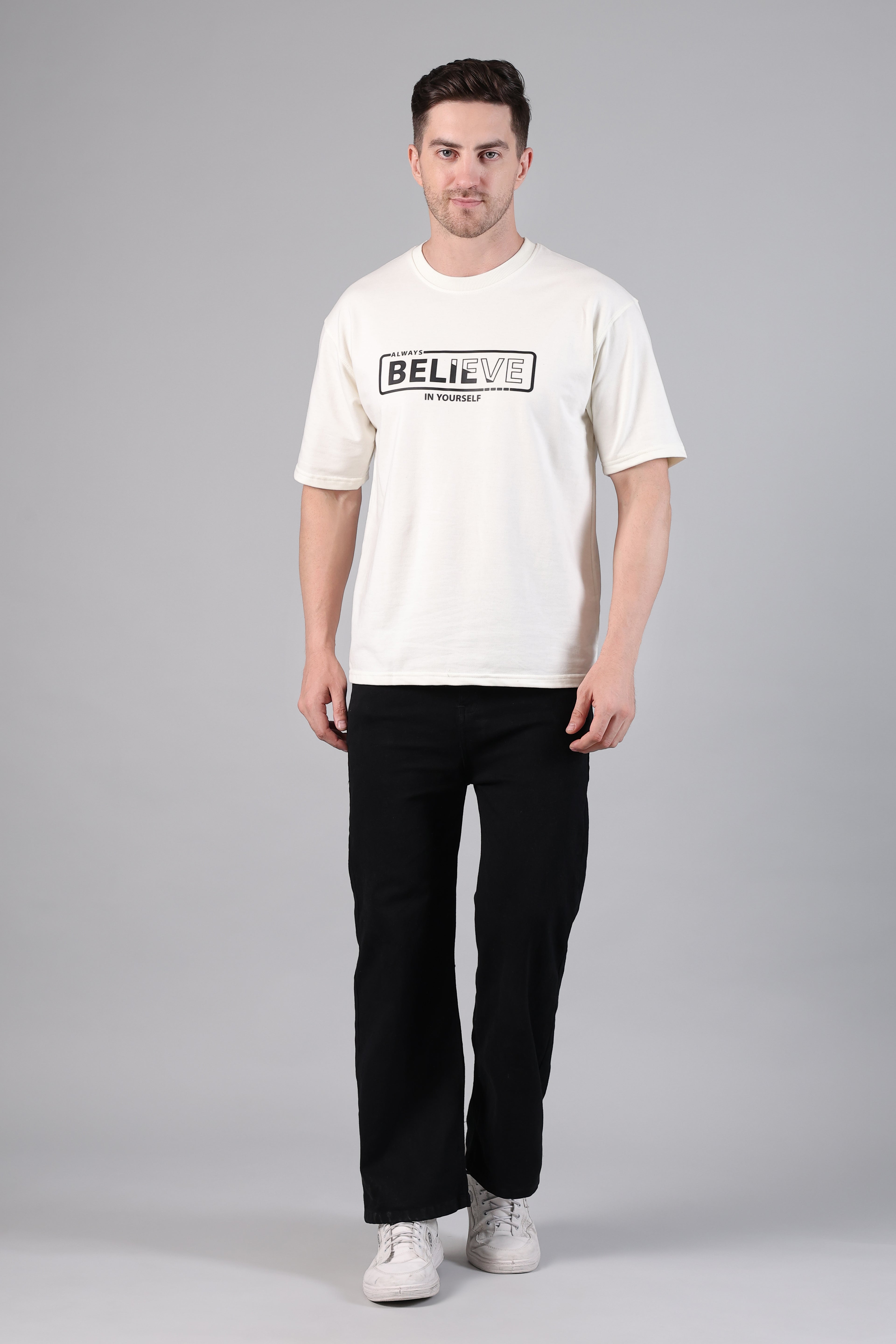"Believe" Graphic Drop-Shoulder Aesthetic T-Shirt (Off-White)