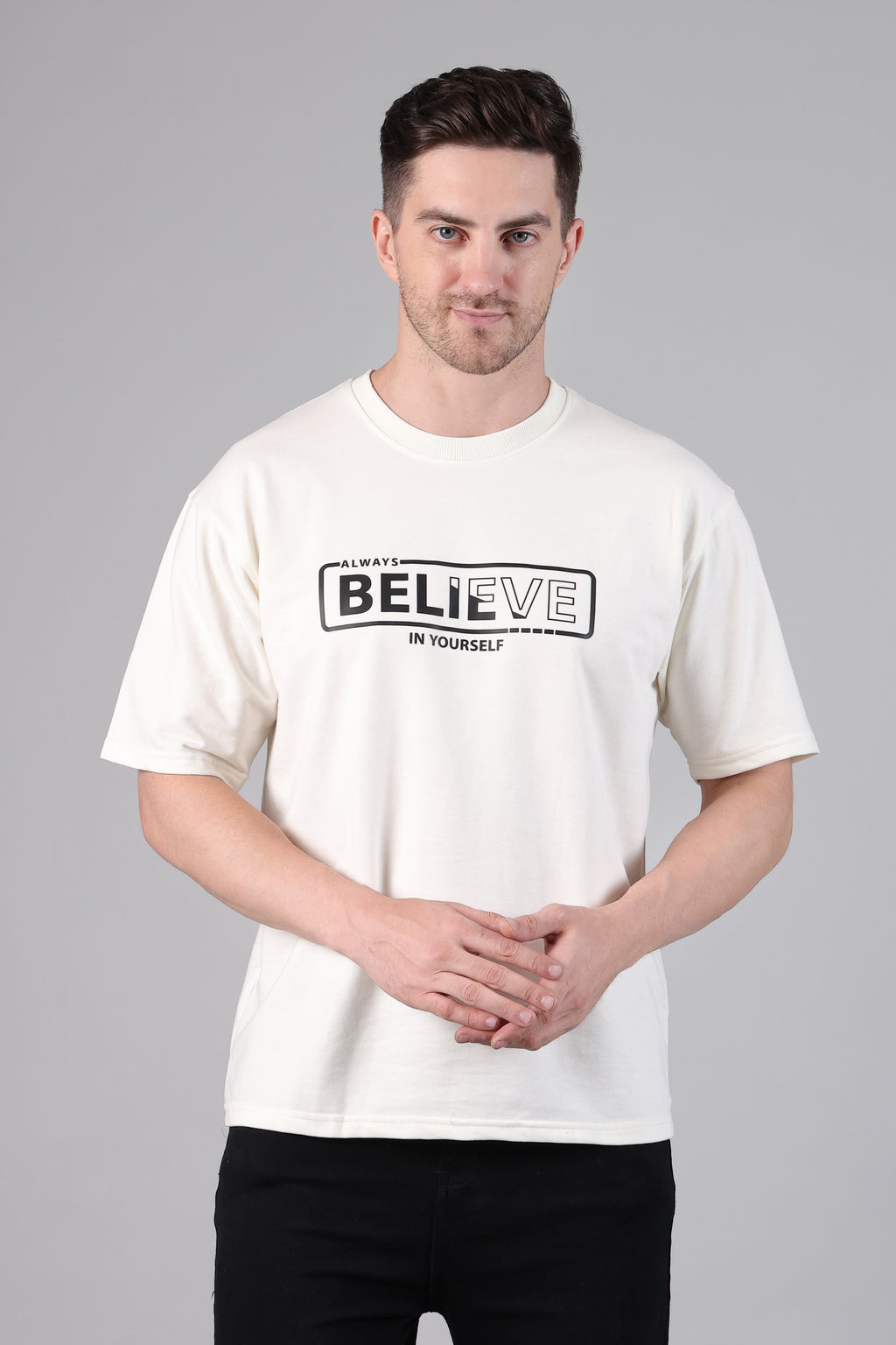 "Believe" Graphic Drop-Shoulder Aesthetic T-Shirt (Off-White)