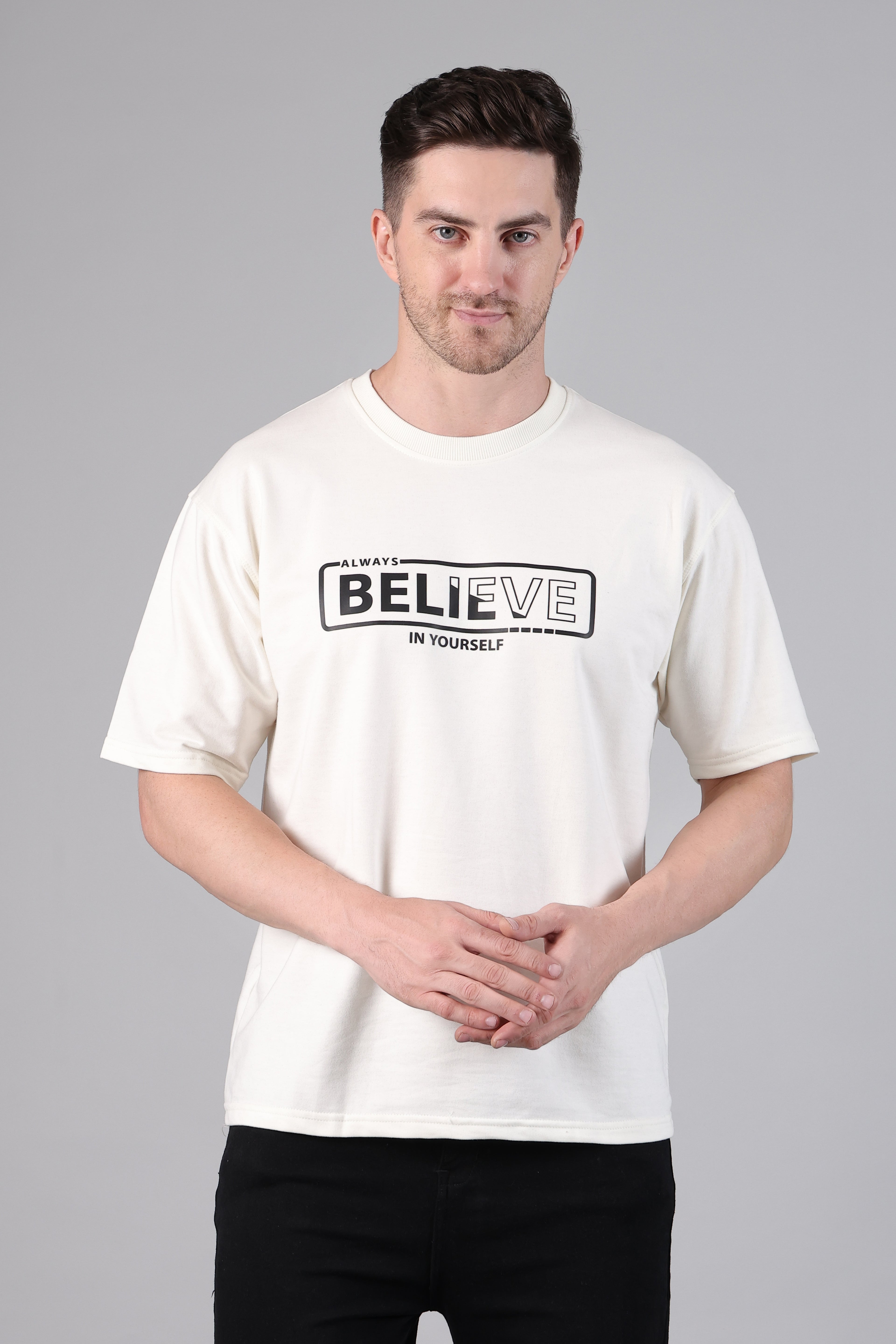 "Believe" Graphic Drop-Shoulder Aesthetic T-Shirt (Off-White)