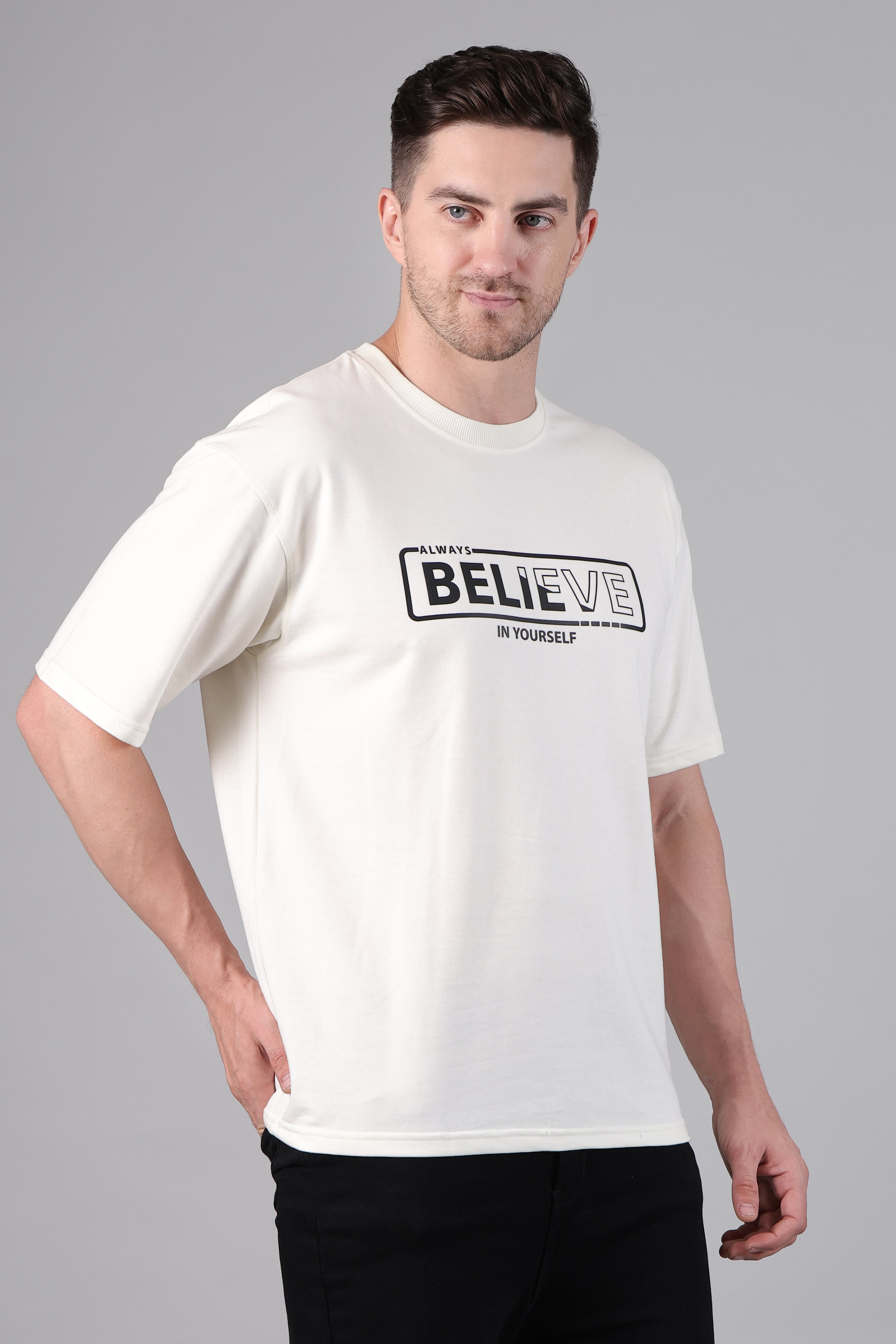 "Believe" Graphic Drop-Shoulder Aesthetic T-Shirt (Off-White)