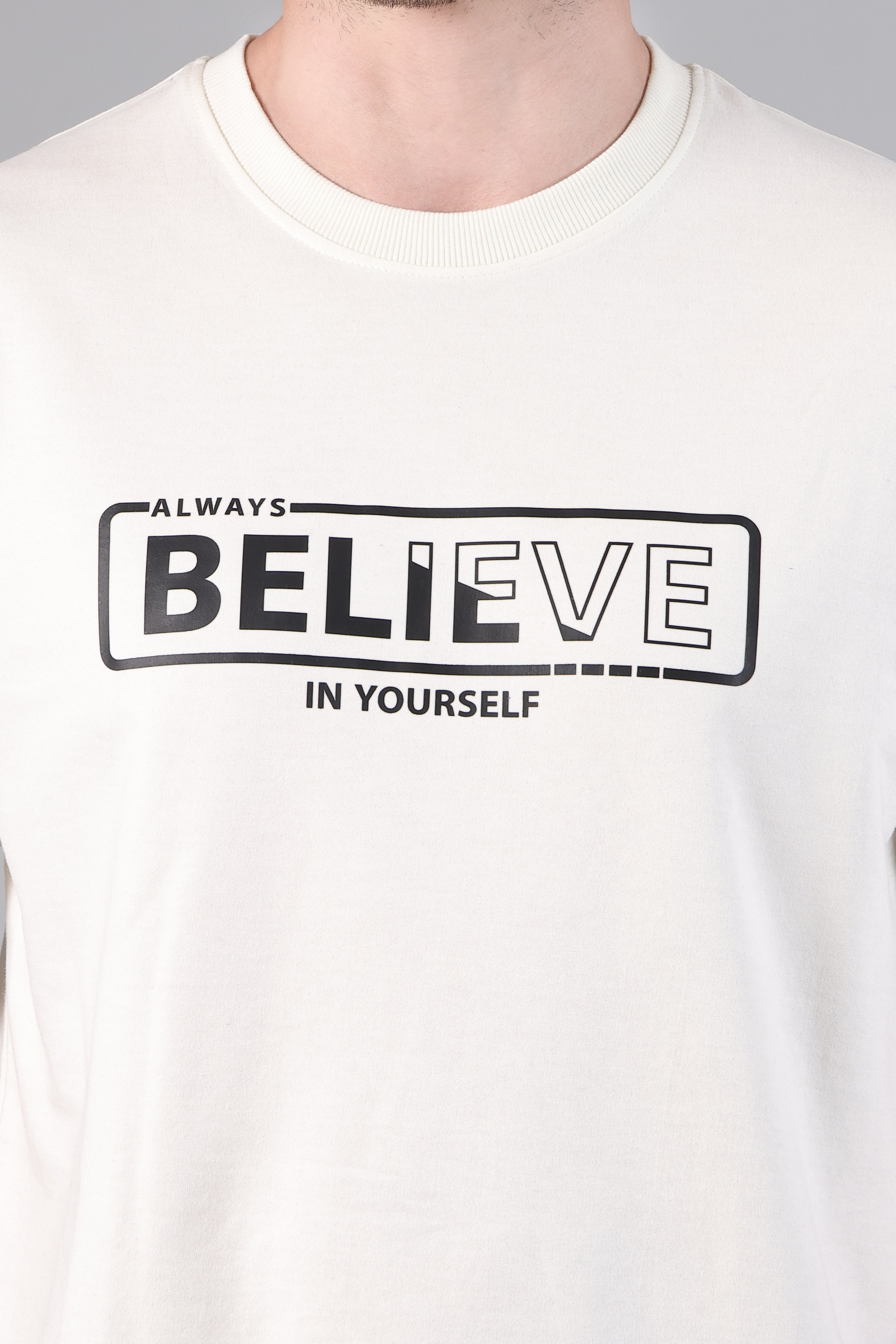 "Believe" Graphic Drop-Shoulder Aesthetic T-Shirt (Off-White)