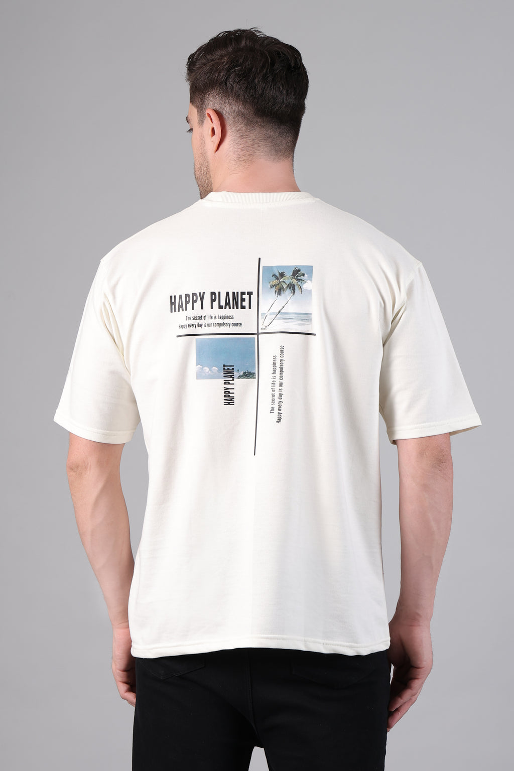 "Happy Planet" Beach Graphic Back Print Oversized T-Shirt - Off-White