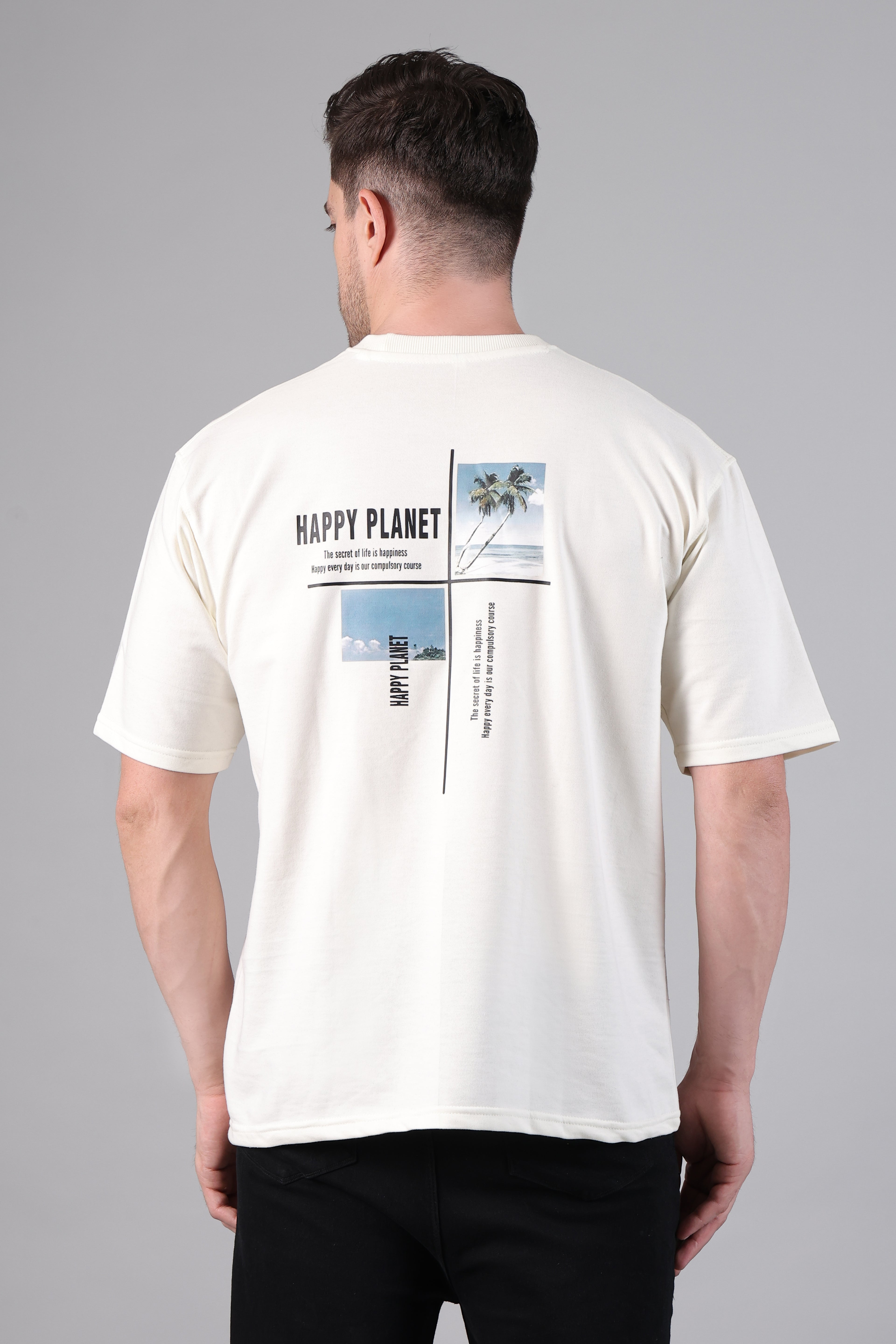 "Happy Planet" Beach Graphic Back Print Oversized T-Shirt - Off-White