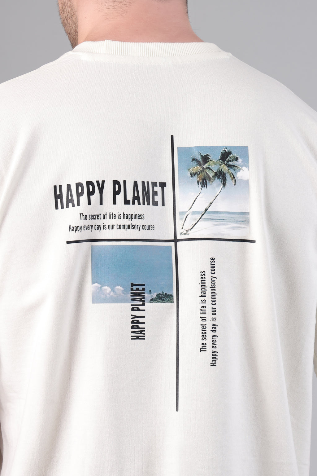 "Happy Planet" Beach Graphic Back Print Oversized T-Shirt - Off-White